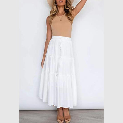 Women's Boho High Waist Pleated A-Line Flowy Swing Tiered Maxi Long Skirt