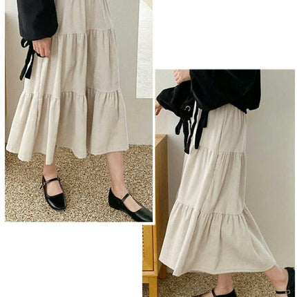 Women's Corduroy Flowy Skirts High Waisted Tiered A Line Midi Skirt