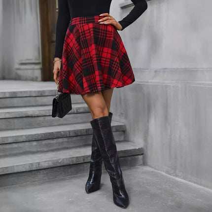 Women's Basic Versatile High Waist Flared Casual Mini Skater Skirt Pleated Plaid Skirt