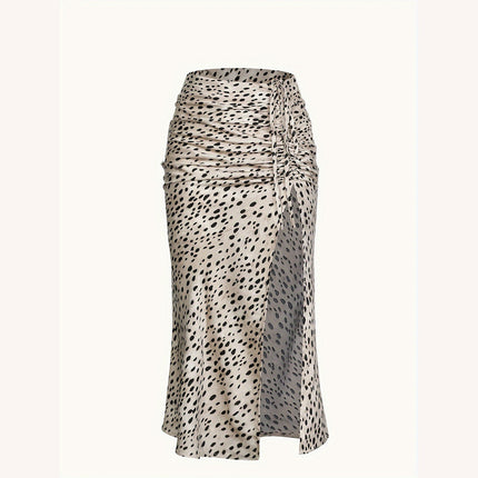 Women's Leopard Print Skirt High Waisted Drawstring Slit Midi Skirts