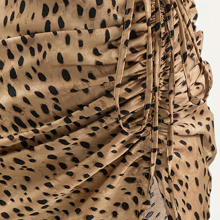 Women's Leopard Print Skirt High Waisted Drawstring Slit Midi Skirts