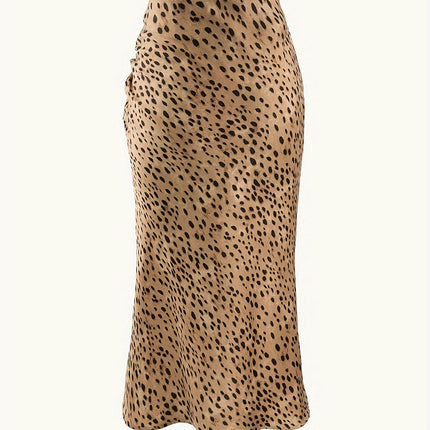 Women's Leopard Print Skirt High Waisted Drawstring Slit Midi Skirts