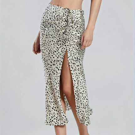 Women's Leopard Print Skirt High Waisted Drawstring Slit Midi Skirts