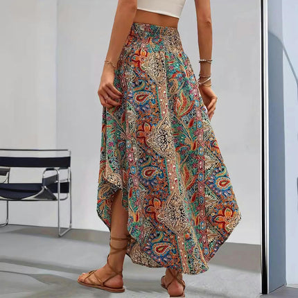 Women's Boho Floral Casual Elastic High Waist Maxi Skirts Flowy A Line Beach Long Skirt
