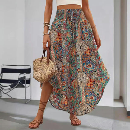 Women's Boho Floral Casual Elastic High Waist Maxi Skirts Flowy A Line Beach Long Skirt