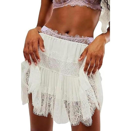Women Lace Mini Skirt Floral Low Rise Ruffle Layered Flowy Short Skirt