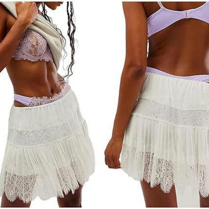 Women Lace Mini Skirt Floral Low Rise Ruffle Layered Flowy Short Skirt