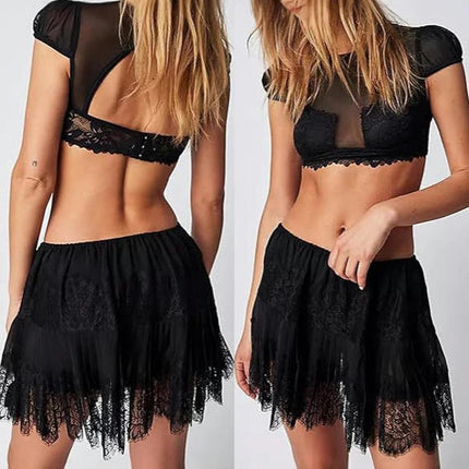 Women Lace Mini Skirt Floral Low Rise Ruffle Layered Flowy Short Skirt