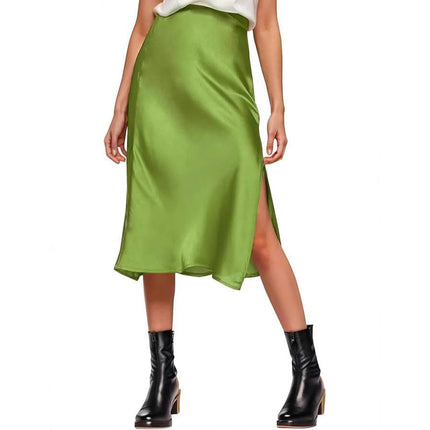 Women's High Waisted Split Satin Skirt Elastic Waistband Elegant A-Line Skirts