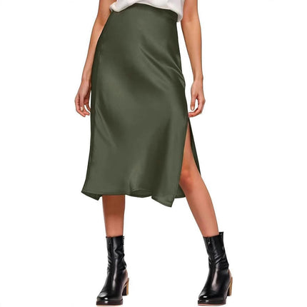 Women's High Waisted Split Satin Skirt Elastic Waistband Elegant A-Line Skirts