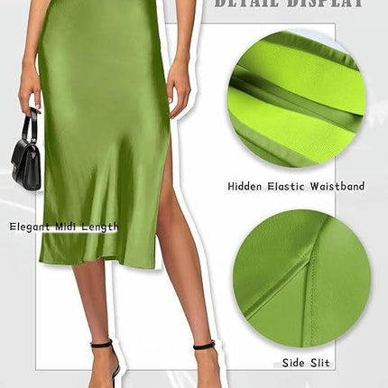 Women's High Waisted Split Satin Skirt Elastic Waistband Elegant A-Line Skirts