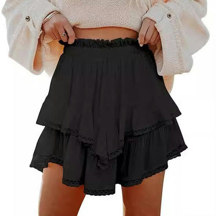 Flowy Shorts for Women Casual Boho Ruffle Layered High Waist Crochet Shorts Mini Skirts