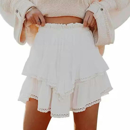 Flowy Shorts for Women Casual Boho Ruffle Layered High Waist Crochet Shorts Mini Skirts
