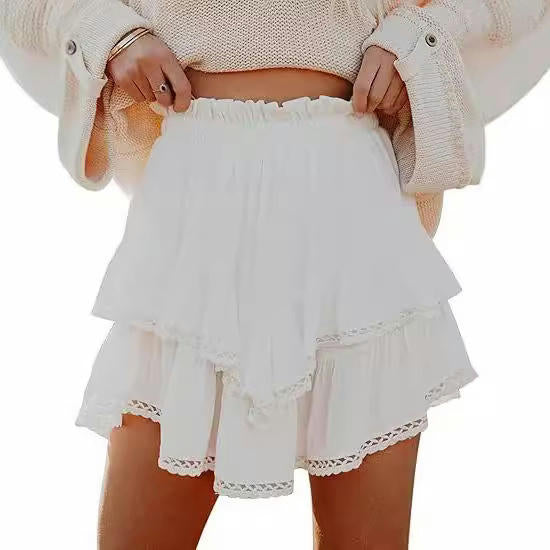 Flowy Shorts for Women Casual Boho Ruffle Layered High Waist Crochet Shorts Mini Skirts