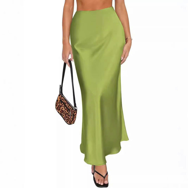 Women's Satin High Waist Hidden Elasticized Waistband Flared Casual A Line Long Skirt