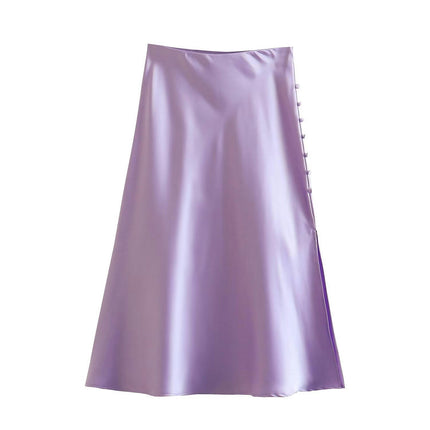 Womens Satin Silk High Waist Slit Midi Skirt Elastic Waistband A Line Flared Skirts