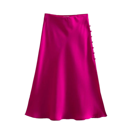 Womens Satin Silk High Waist Slit Midi Skirt Elastic Waistband A Line Flared Skirts