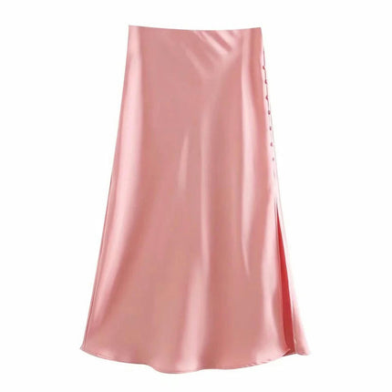 Womens Satin Silk High Waist Slit Midi Skirt Elastic Waistband A Line Flared Skirts