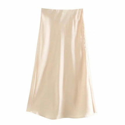 Womens Satin Silk High Waist Slit Midi Skirt Elastic Waistband A Line Flared Skirts
