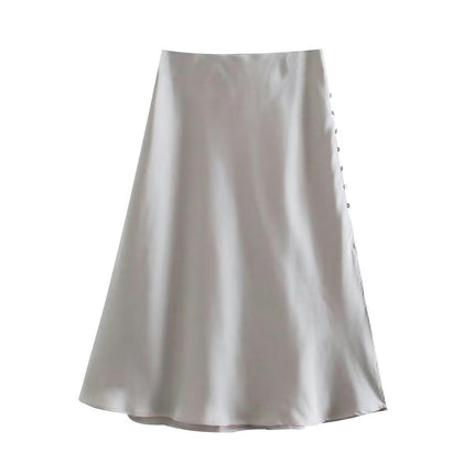 Womens Satin Silk High Waist Slit Midi Skirt Elastic Waistband A Line Flared Skirts