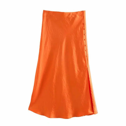 Womens Satin Silk High Waist Slit Midi Skirt Elastic Waistband A Line Flared Skirts