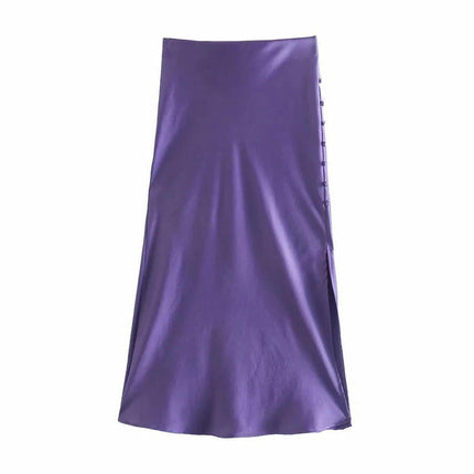Womens Satin Silk High Waist Slit Midi Skirt Elastic Waistband A Line Flared Skirts
