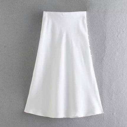 Womens Satin Silk High Waist Slit Midi Skirt Elastic Waistband A Line Flared Skirts