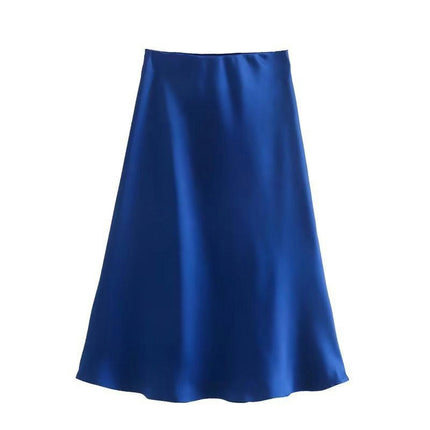Womens Satin Silk High Waist Slit Midi Skirt Elastic Waistband A Line Flared Skirts