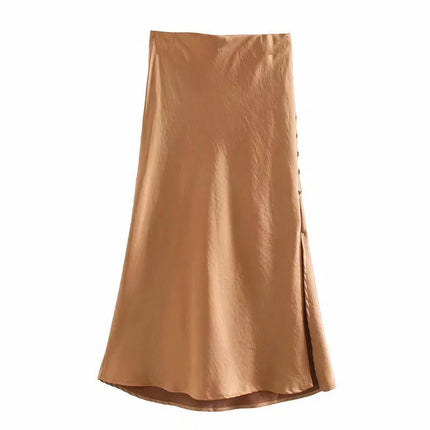 Womens Satin Silk High Waist Slit Midi Skirt Elastic Waistband A Line Flared Skirts