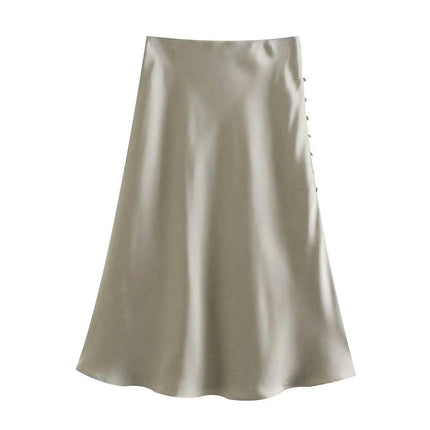 Womens Satin Silk High Waist Slit Midi Skirt Elastic Waistband A Line Flared Skirts