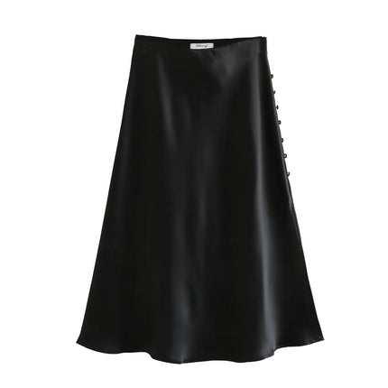 Womens Satin Silk High Waist Slit Midi Skirt Elastic Waistband A Line Flared Skirts