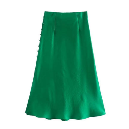 Womens Satin Silk High Waist Slit Midi Skirt Elastic Waistband A Line Flared Skirts