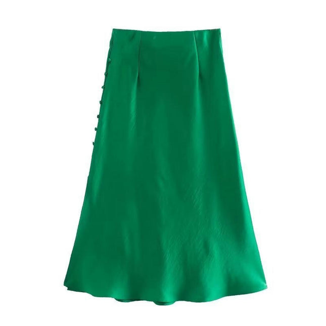 Womens Satin Silk High Waist Slit Midi Skirt Elastic Waistband A Line Flared Skirts