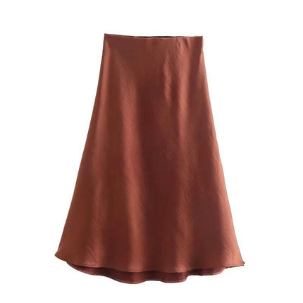 Womens Satin Silk High Waist Slit Midi Skirt Elastic Waistband A Line Flared Skirts
