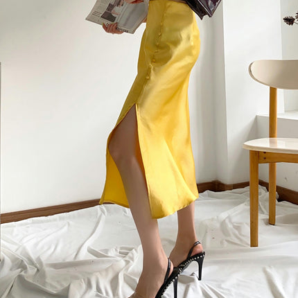 Womens Satin Silk High Waist Slit Midi Skirt Elastic Waistband A Line Flared Skirts