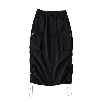 Cargo Skirts for Women High Waisted Ruched Drawstring Midi Skirts with Pockets