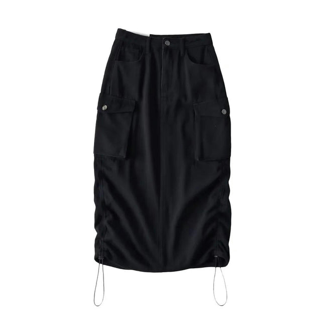 Cargo Skirts for Women High Waisted Ruched Drawstring Midi Skirts with Pockets