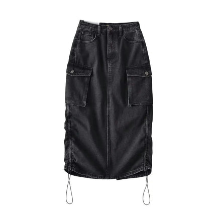 Cargo Skirts for Women High Waisted Ruched Drawstring Midi Skirts with Pockets
