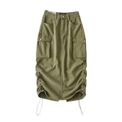 Cargo Skirts for Women High Waisted Ruched Drawstring Midi Skirts with Pockets