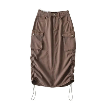 Cargo Skirts for Women High Waisted Ruched Drawstring Midi Skirts with Pockets