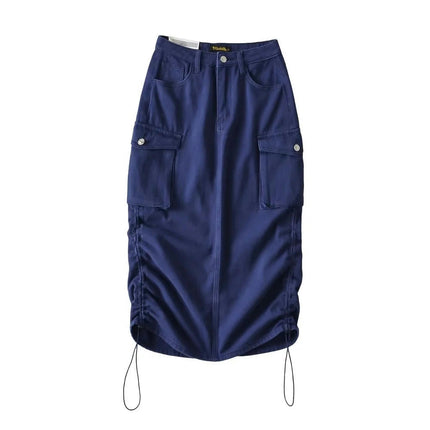 Cargo Skirts for Women High Waisted Ruched Drawstring Midi Skirts with Pockets