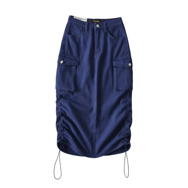 Cargo Skirts for Women High Waisted Ruched Drawstring Midi Skirts with Pockets