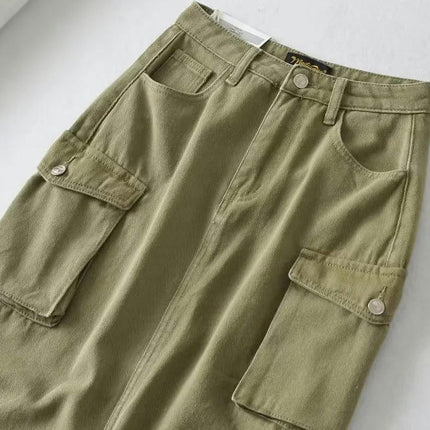 Cargo Skirts for Women High Waisted Ruched Drawstring Midi Skirts with Pockets