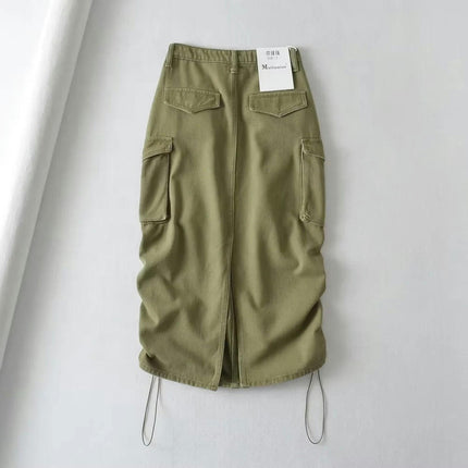 Cargo Skirts for Women High Waisted Ruched Drawstring Midi Skirts with Pockets