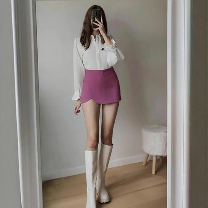 Women's Casual Solid High Waist Split Wrap Front Asymmetrical Skorts Skirts
