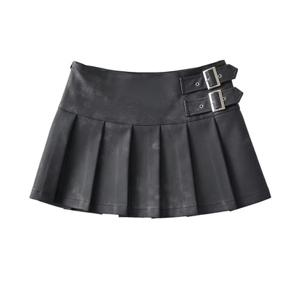 Faux Leather Mini Skirt for Women High Waist Pleated A Line Short Skirts