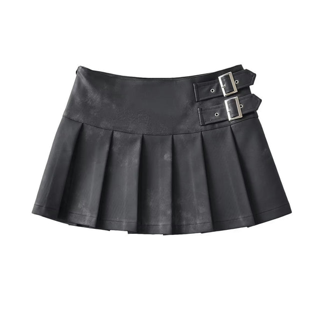 Faux Leather Mini Skirt for Women High Waist Pleated A Line Short Skirts
