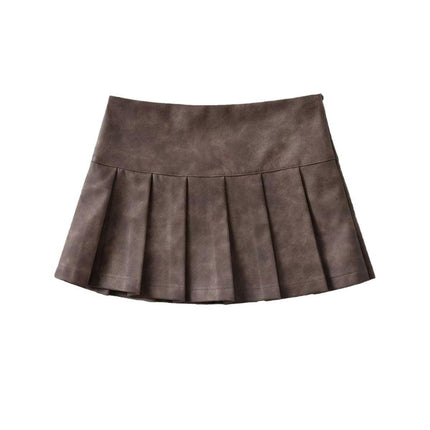 Faux Leather Mini Skirt for Women High Waist Pleated A Line Short Skirts