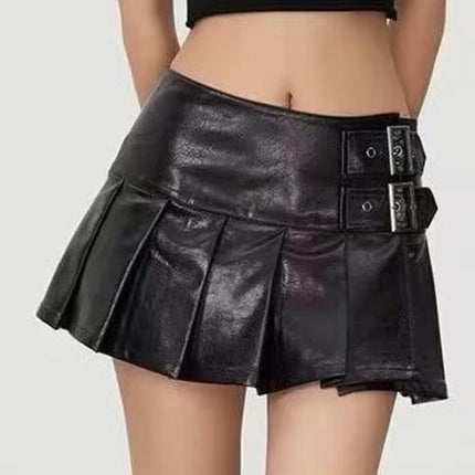 Faux Leather Mini Skirt for Women High Waist Pleated A Line Short Skirts