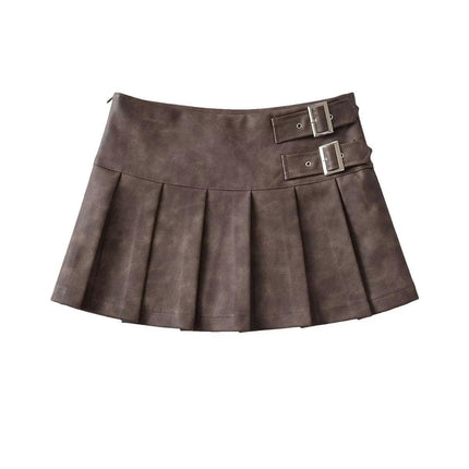Faux Leather Mini Skirt for Women High Waist Pleated A Line Short Skirts